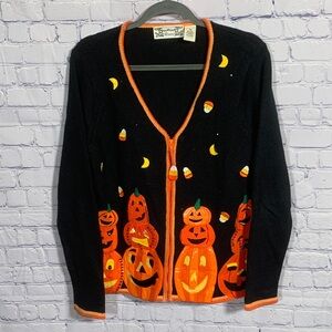 Tiara Womens Full Zip Jack-O-Lantern Sweater Black Orange Size M Knit Beaded